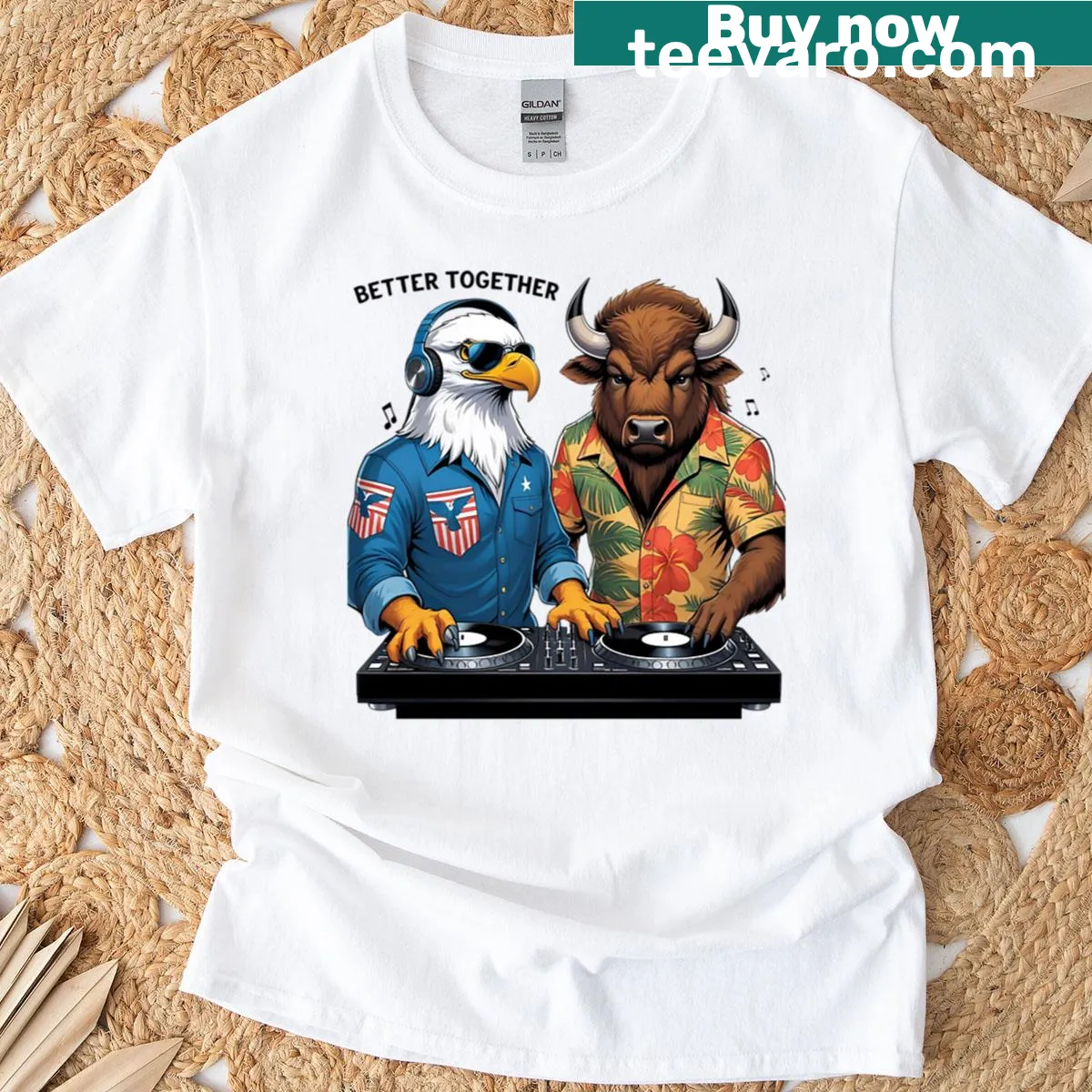 Oversized t-shirt featuring a humorous bald eagle and bison DJ design — on a men's t-shirt