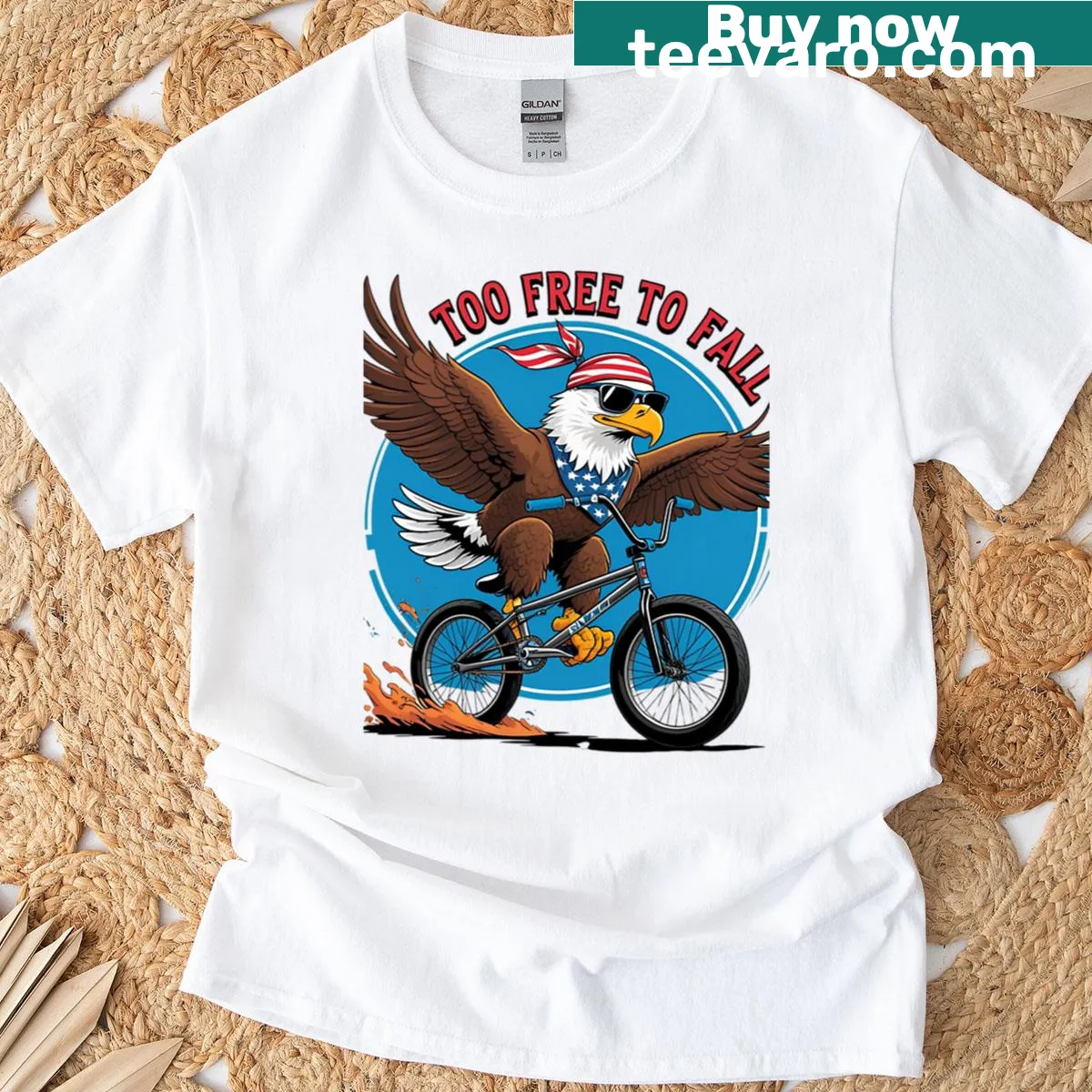 Bald eagle on BMX bike illustration for patriotic T-shirt — on a men's t-shirt