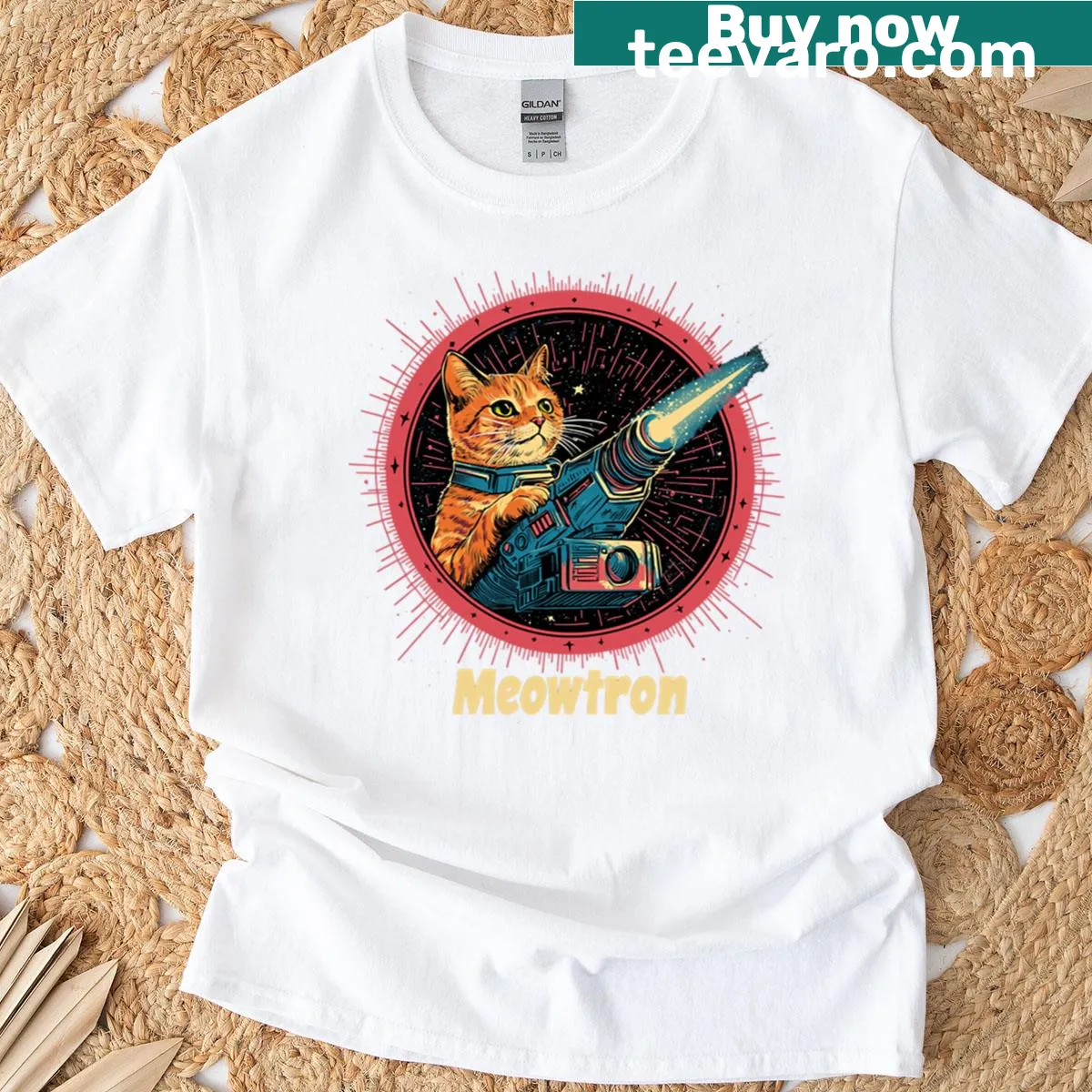 Futuristic cat with a laser gun graphic T-shirt — on a men's t-shirt