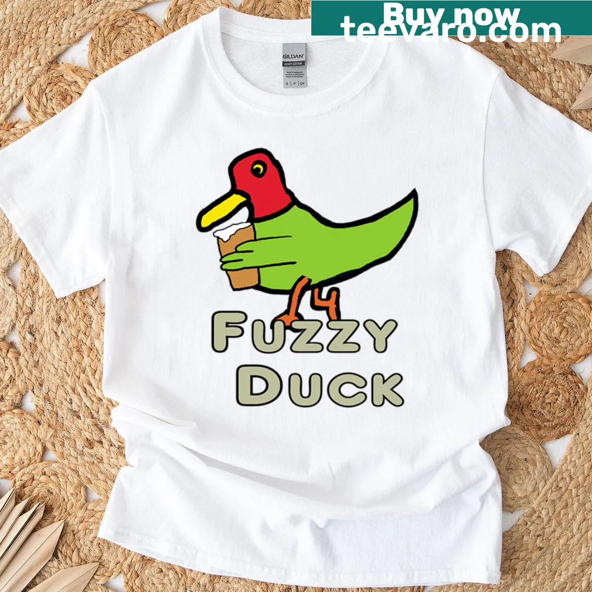 Cute illustration of a fuzzy duck on a t-shirt — on a men's t-shirt