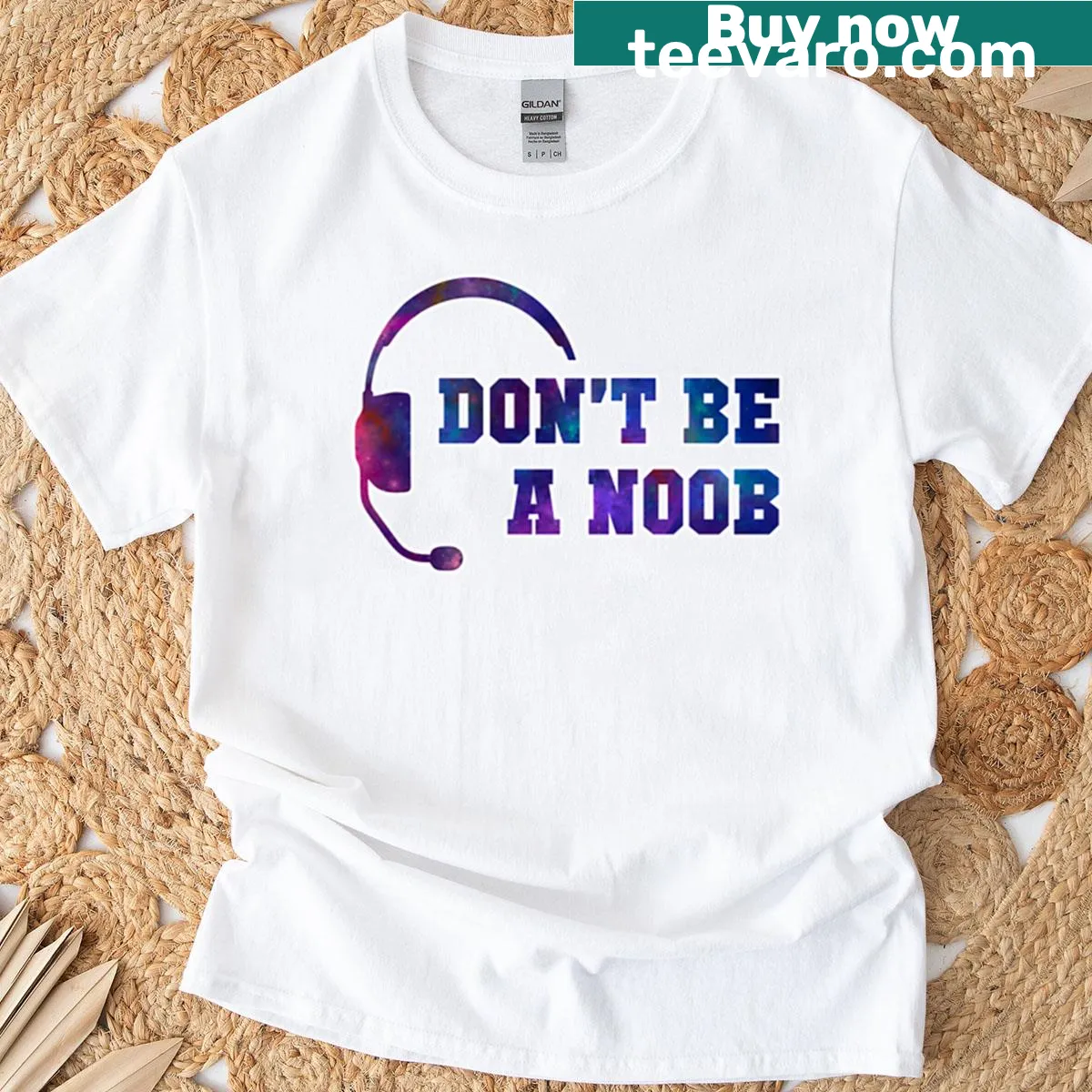 T-shirt with gaming headset icon and funny text about noobs — on a men's t-shirt