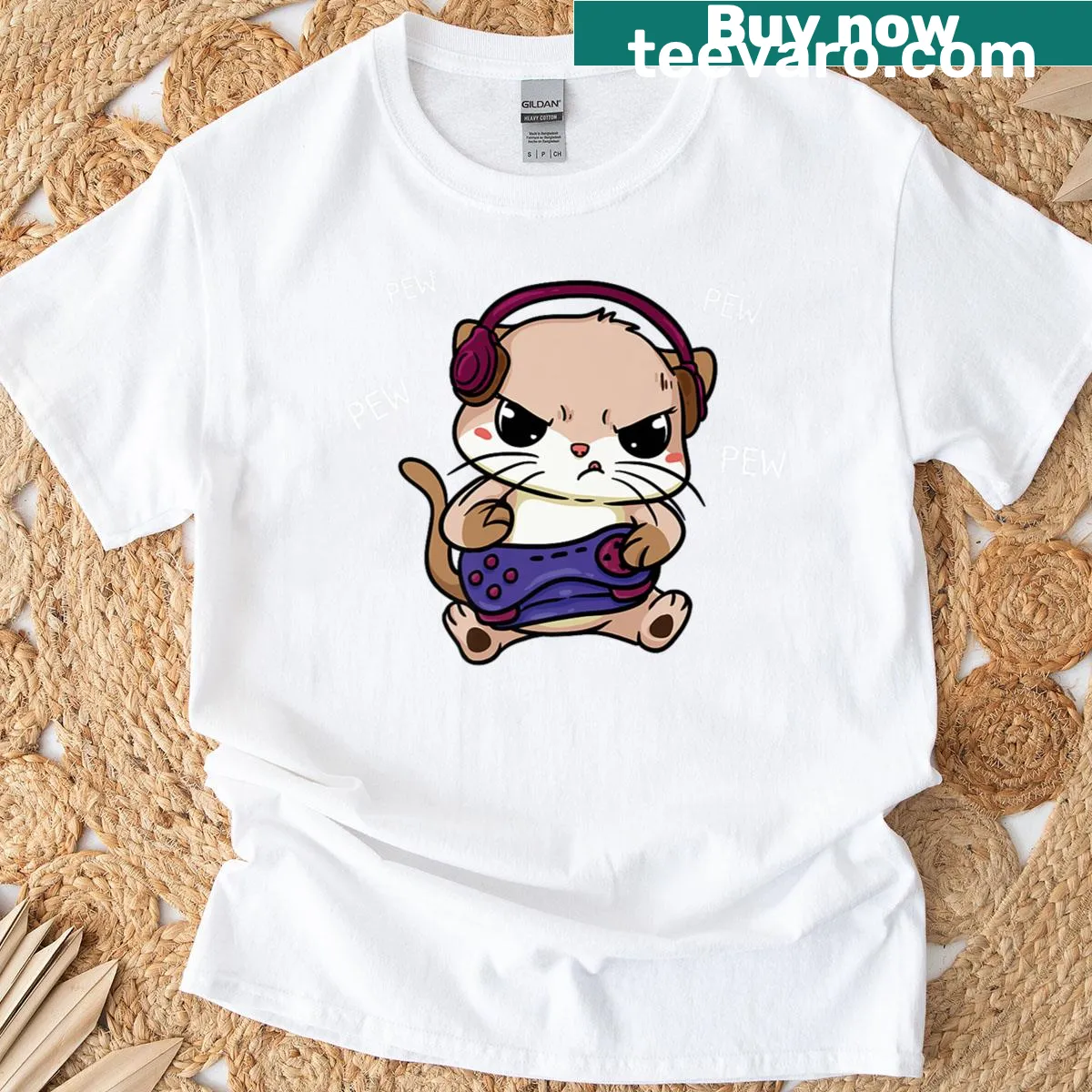 Whimsical cat wearing gamer gear holding a controller, gaming graphics around. — on a men's t-shirt