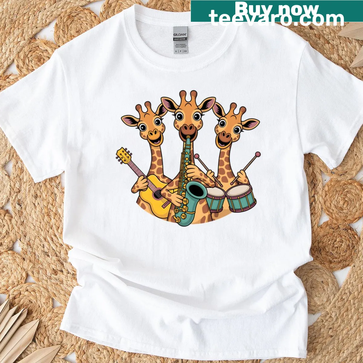Illustrated T-shirt featuring cute musical giraffes for animal lovers. — on a men's t-shirt