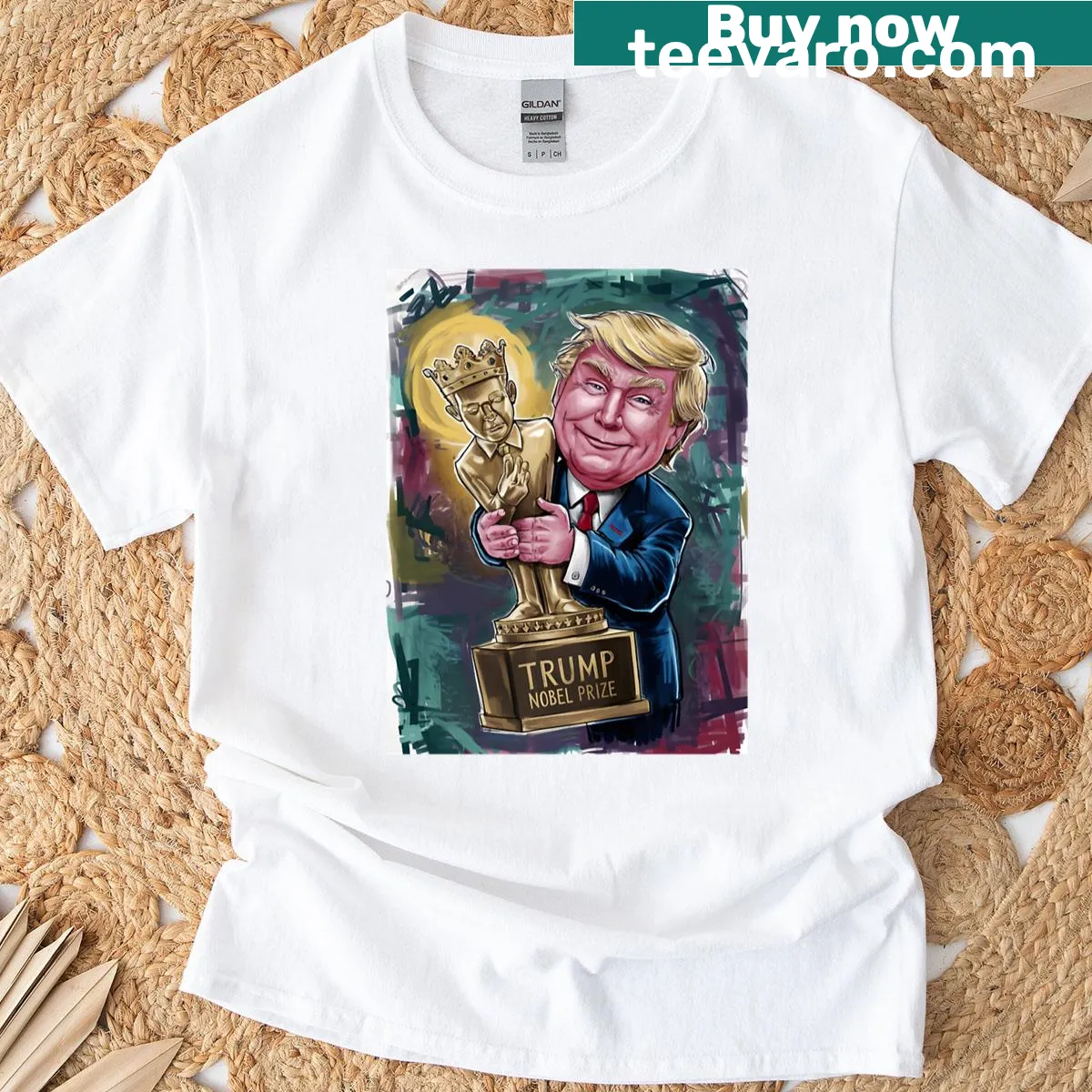 Bold typography on an oversized t-shirt about Trump and the Nobel Prize — on a men's t-shirt