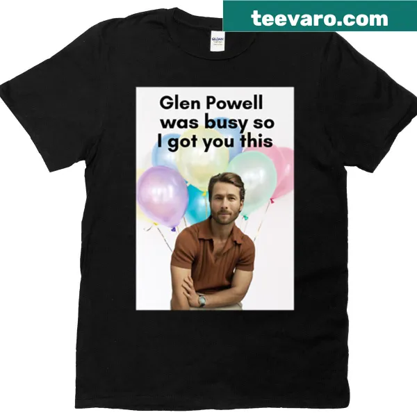 Birthday-themed T-shirt with balloons celebrating Glen Powell