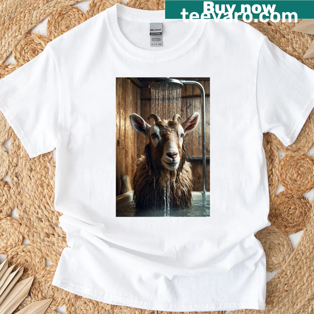Amusing goat graphic T-shirt enjoying a shower — on a men's t-shirt