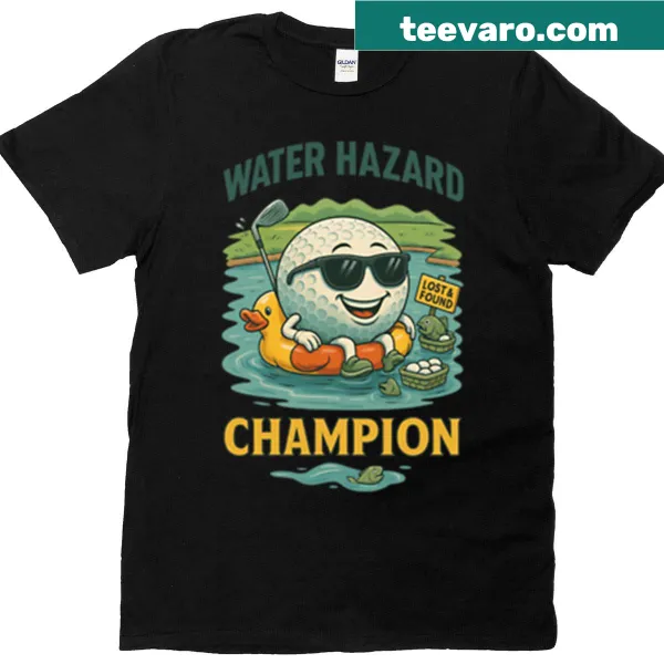 Humorous graphic about golf water hazards on T-shirt