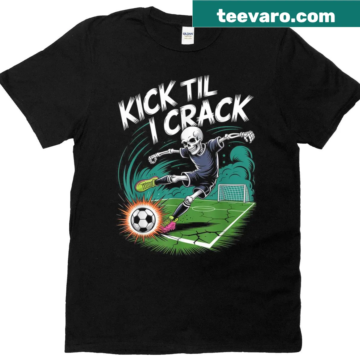 Graffiti-style T-shirt with a skeleton playing soccer in comic style — on a men's t-shirt