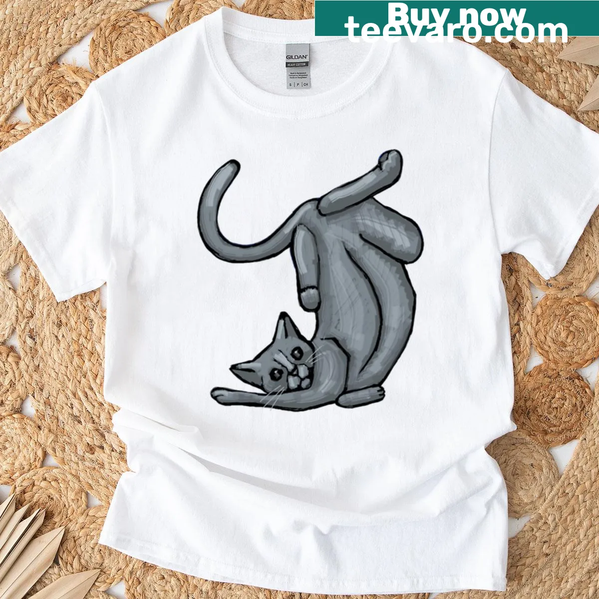 Illustration of a relaxed grey cat on a casual t-shirt — on a men's t-shirt