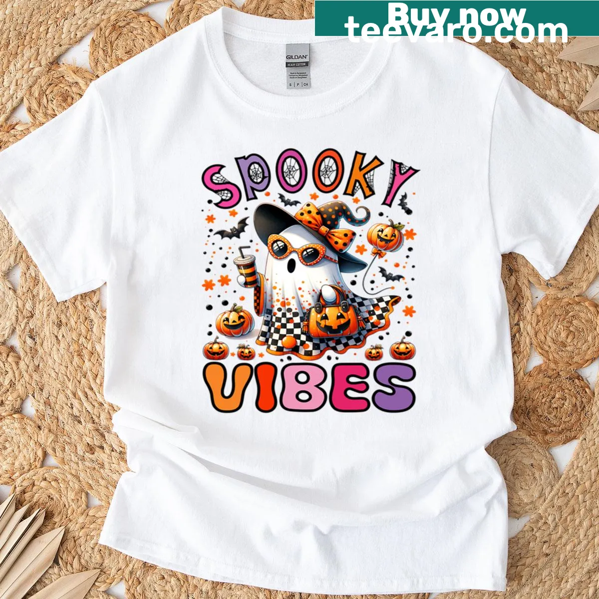 Fitted Halloween t-shirt with playful ghost graphic for kids — on a men's t-shirt