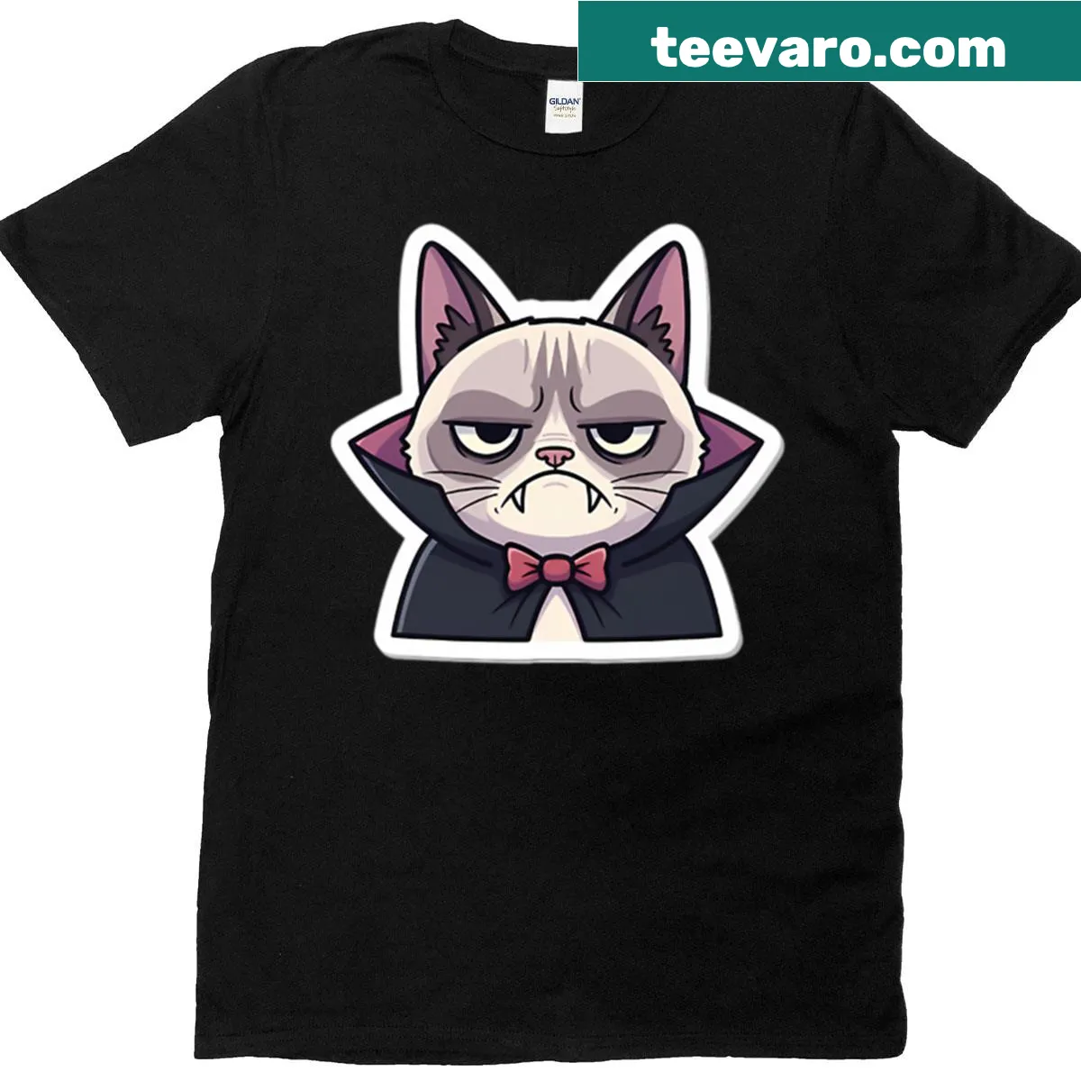 Illustration of a grumpy vampire cat with a bow tie — on a men's t-shirt
