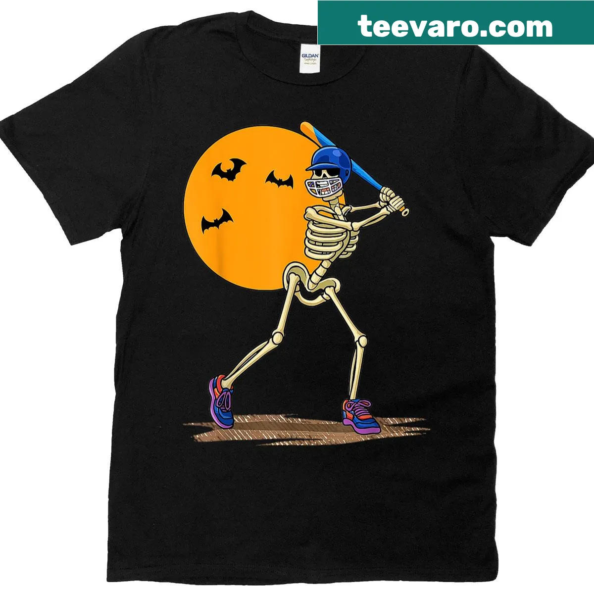 Skeleton in baseball costume graphic on a Halloween T-shirt — on a men's t-shirt