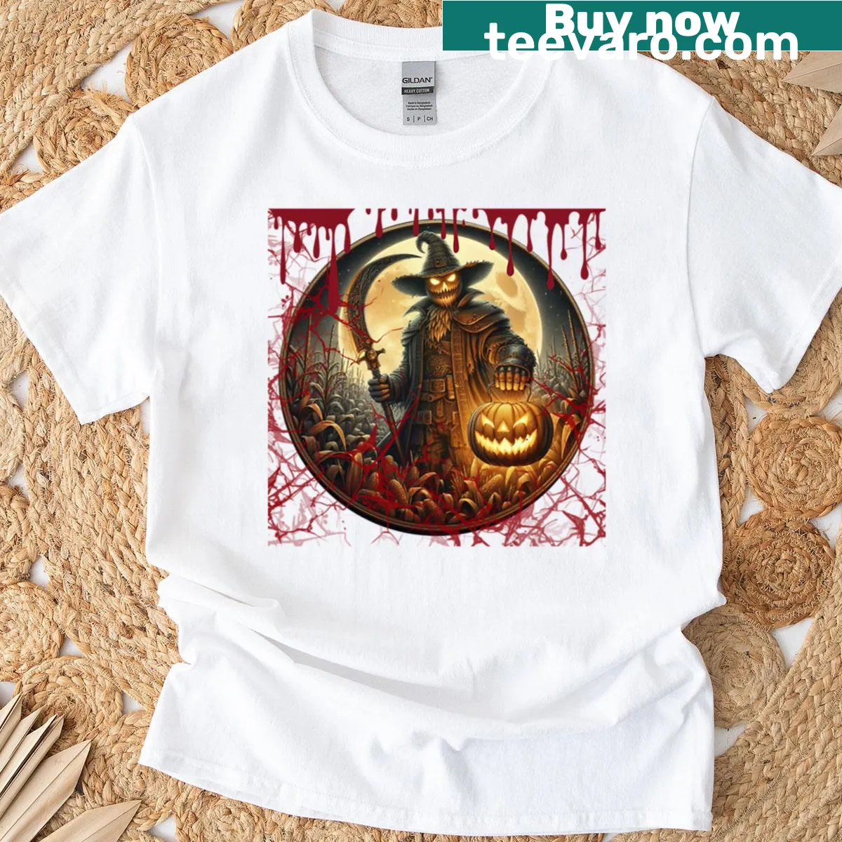 Scarecrow under a creepy moon t-shirt, perfect for Halloween vibes — on a men's t-shirt