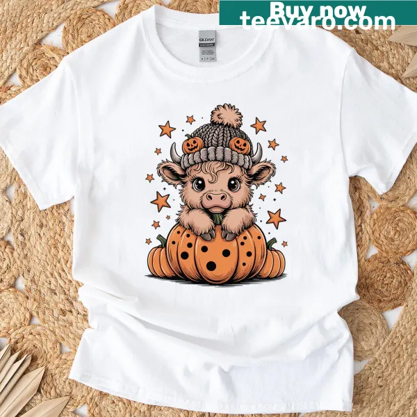 Funny Highland cow with a pumpkin for Halloween in a playful design.