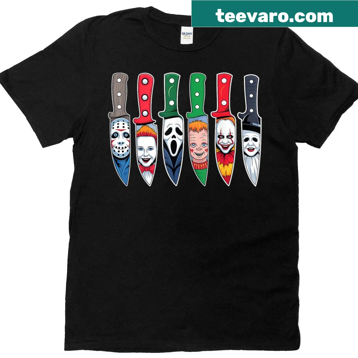 T-shirt featuring horror movie characters with knives — on a men's t-shirt