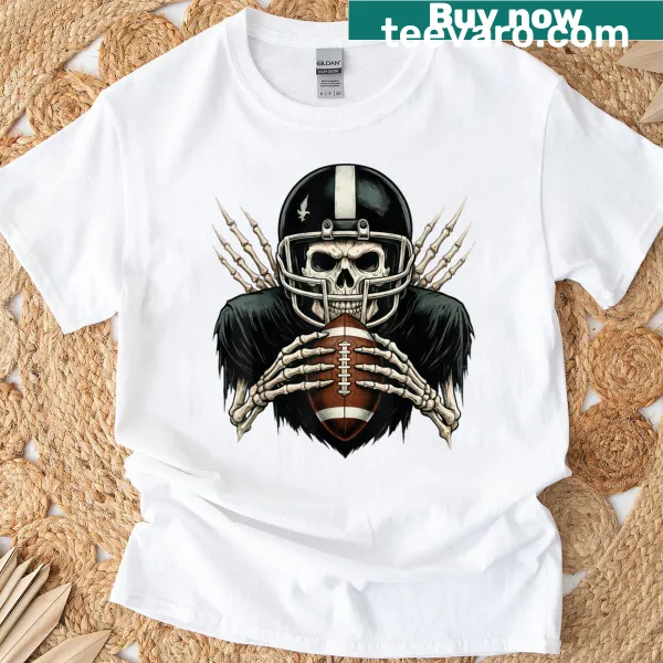 Cartoon skeleton football player in a Halloween-themed design