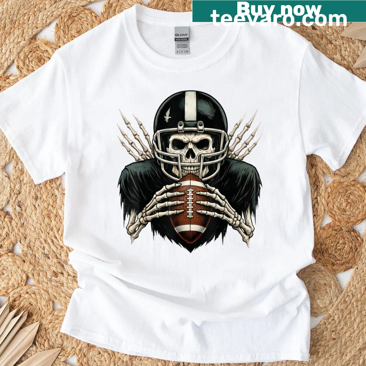 Cartoon skeleton football player in a Halloween-themed design — on a men's t-shirt