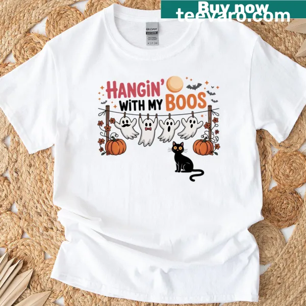 Funny Halloween T-shirt with a ghost and black cat design.