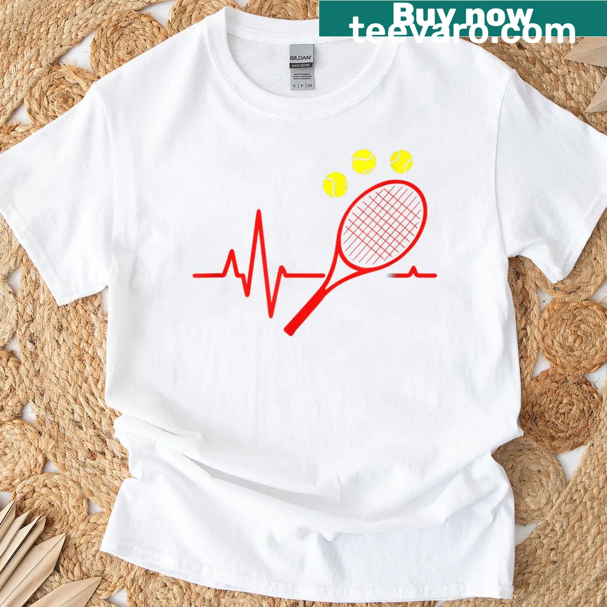 T-shirt featuring a heartbeat graphic intertwined with tennis elements — on a men's t-shirt