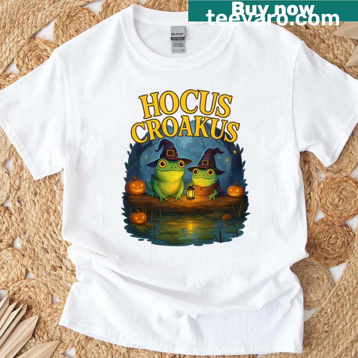 Funny Halloween T-shirt with 'Hocus Croakus' and frog design — on a men's t-shirt