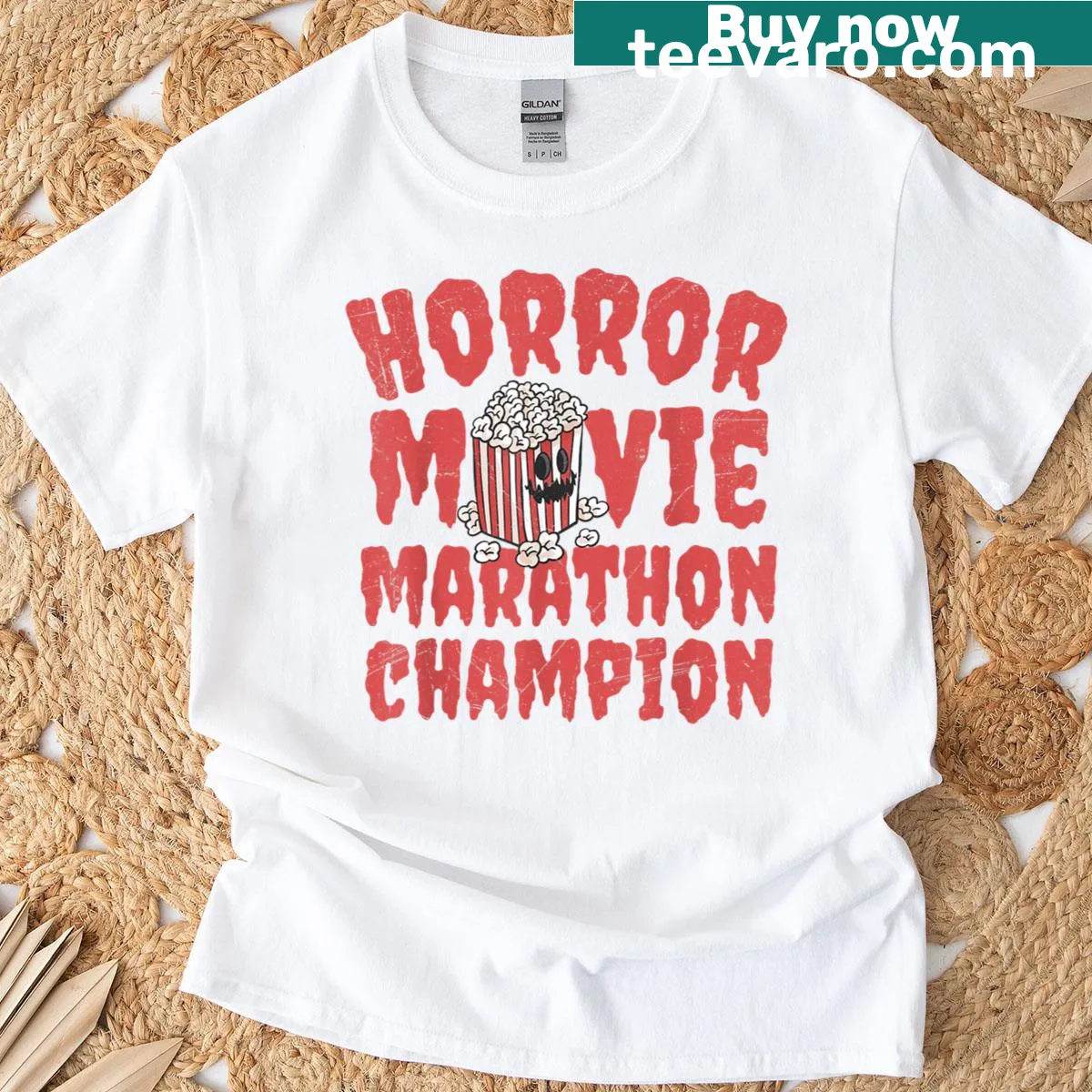 Sarcastic t-shirt for horror movie lovers with champion text — on a men's t-shirt