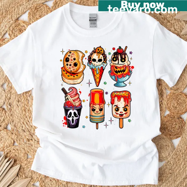 Playful horror movie and ice cream themed T-shirt for Halloween.