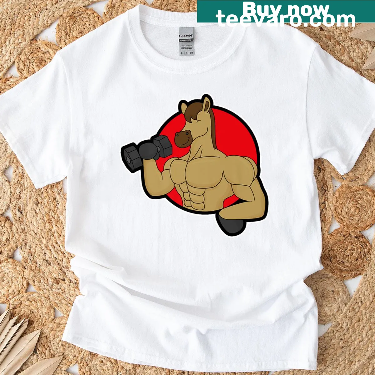 Bodybuilding-themed T-shirt featuring a horse illustration — on a men's t-shirt