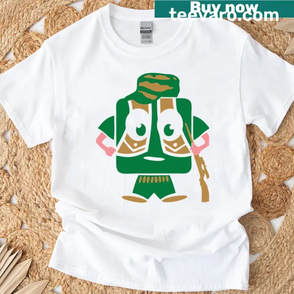 Cartoon hunter character with a big smile on a T-shirt