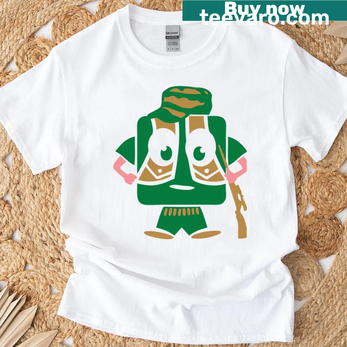 Cartoon hunter character with a big smile on a T-shirt — on a men's t-shirt