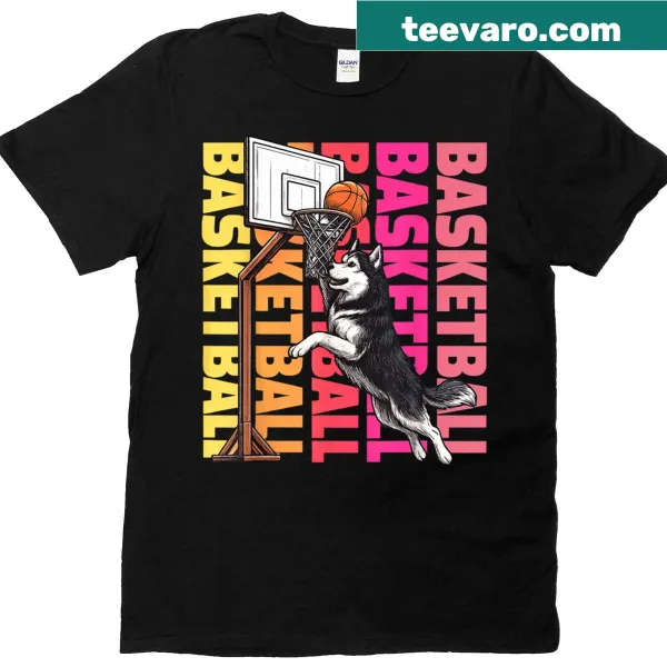 T-shirt with Husky dog playing basketball illustration