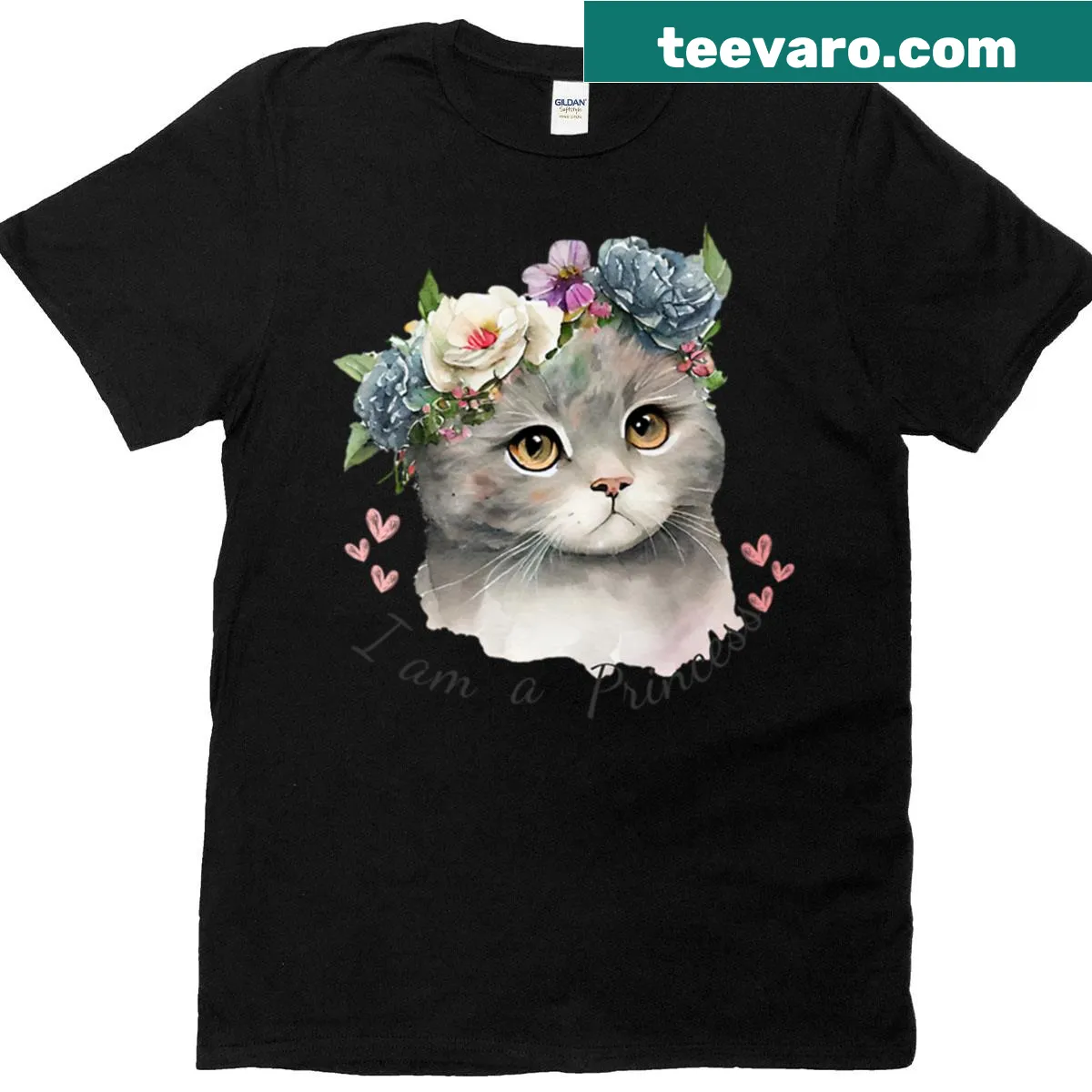 Cute oversized t-shirt with royal cat design saying 'I Am A Princess.' — on a men's t-shirt