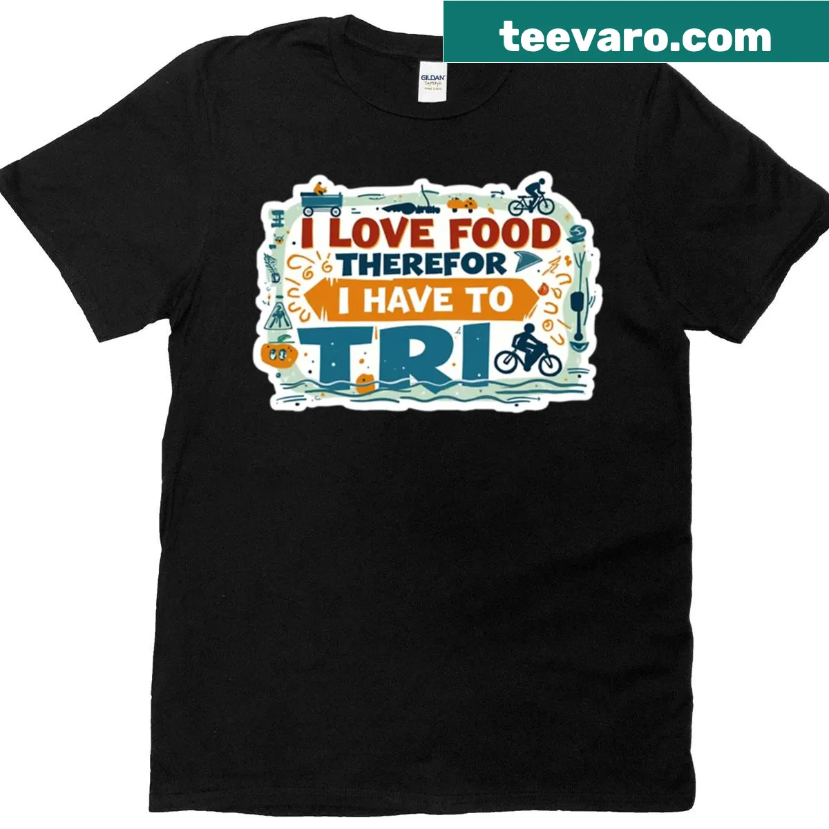Funny triathlon-themed T-shirt about food and fitness — on a men's t-shirt