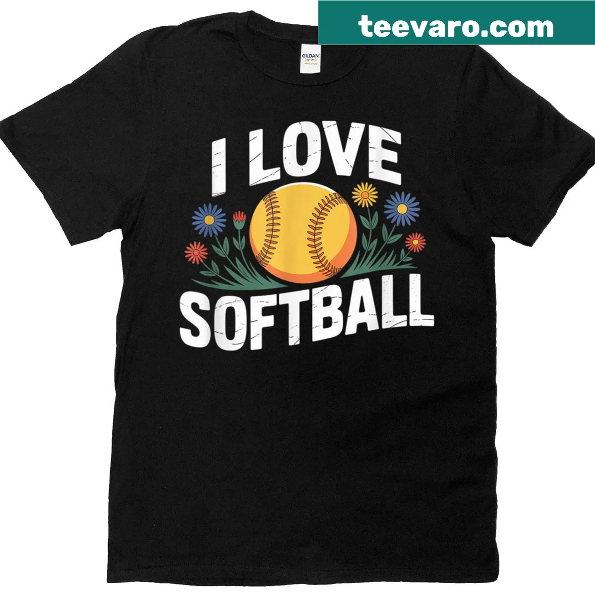 Floral design T-shirt expressing love for softball. — on a men's t-shirt