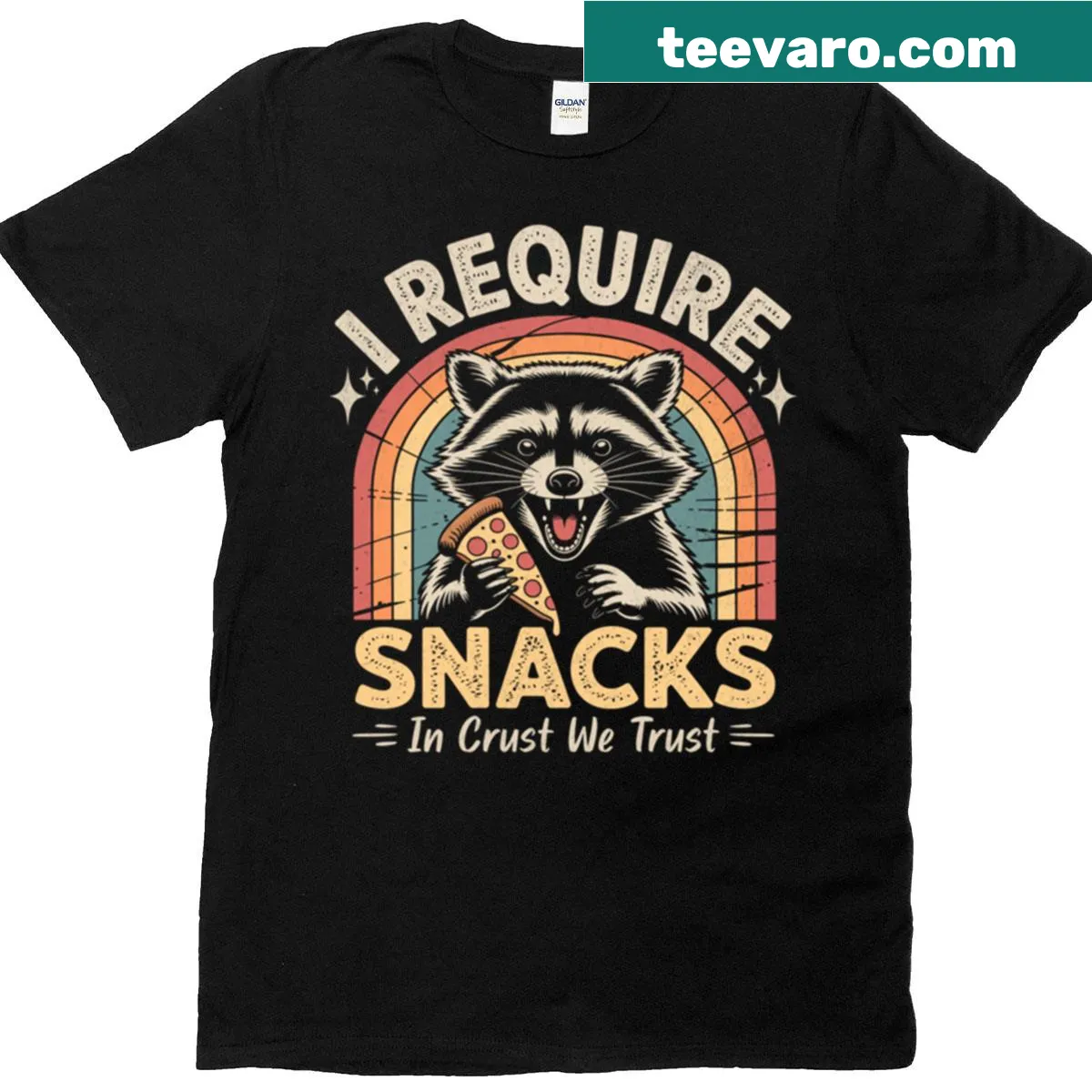Retro Pizza Raccoon T-shirt with the phrase I Require Snacks — on a men's t-shirt