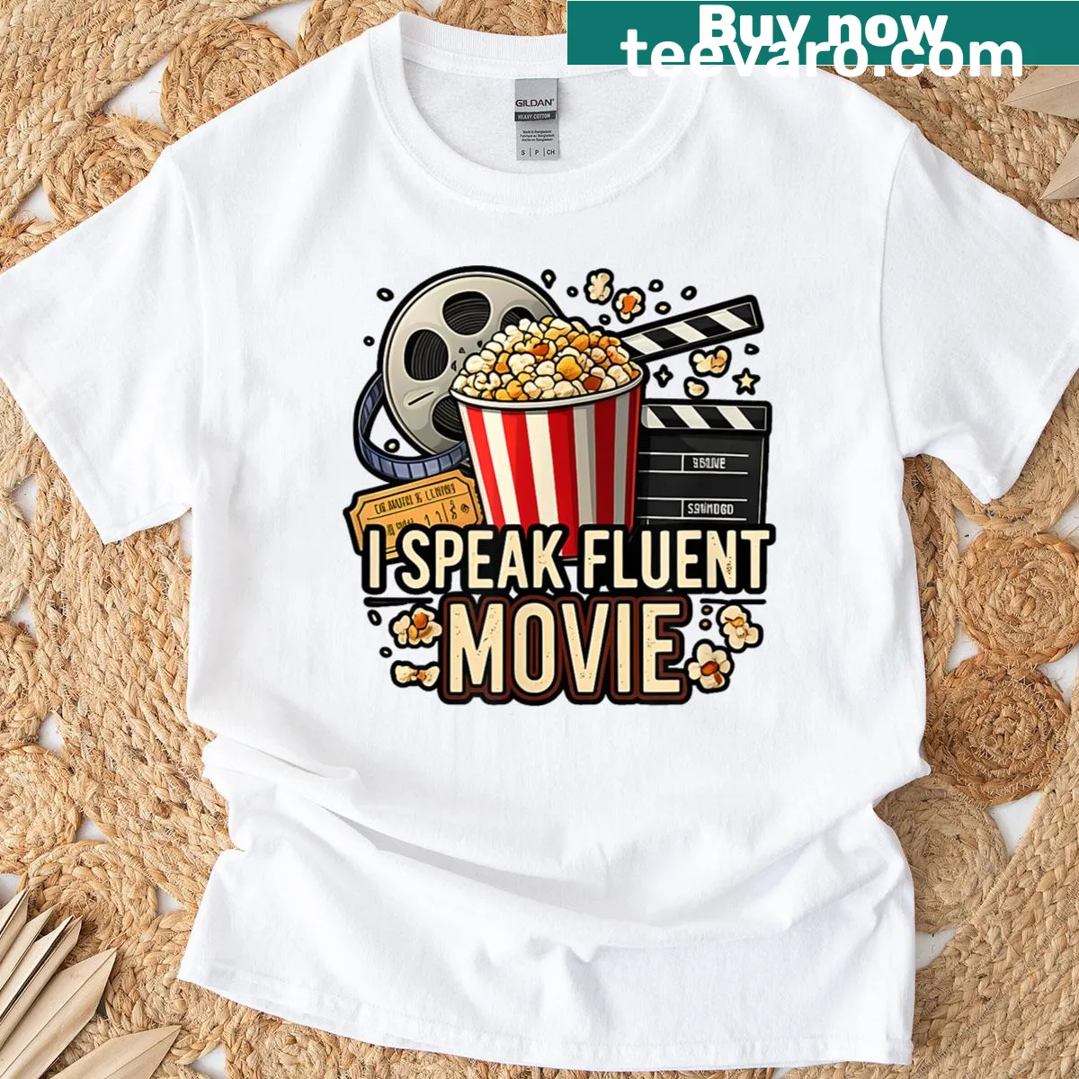 T-shirt with 'I Speak Fluent Movie Popcorn' for film lovers — on a men's t-shirt
