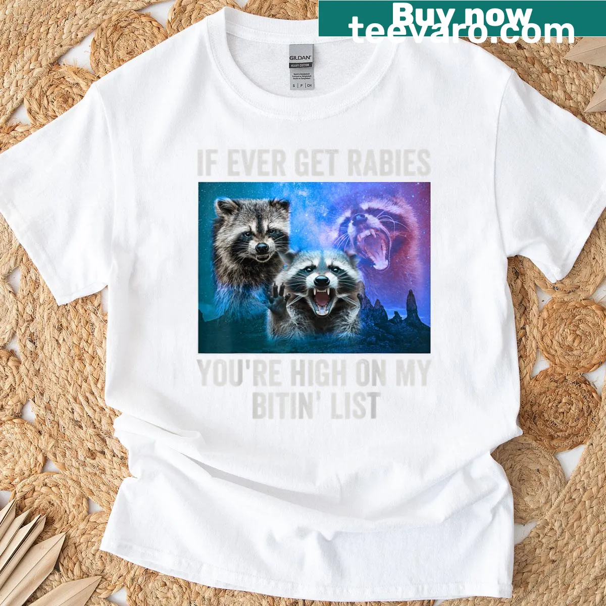 Sarcastic t-shirt with the phrase 'If I Ever Get Rabies, You’re High On My Biting List' — on a men's t-shirt