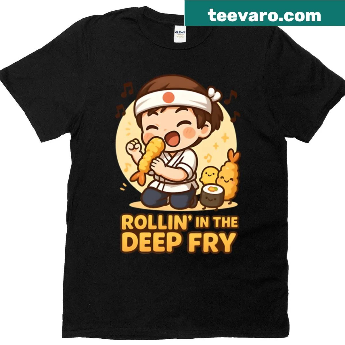 Kawaii sushi tempura chibi T-shirt design — on a men's t-shirt