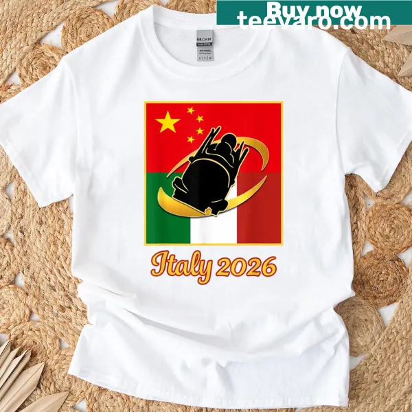 Bobsled T-shirt featuring China and Italy flags above a bobsled graphic