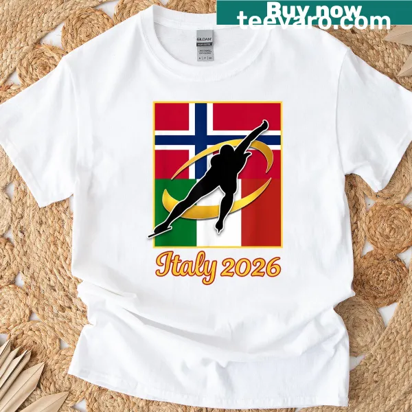 T-shirt featuring Italy and Norway flags with a speed skating theme.