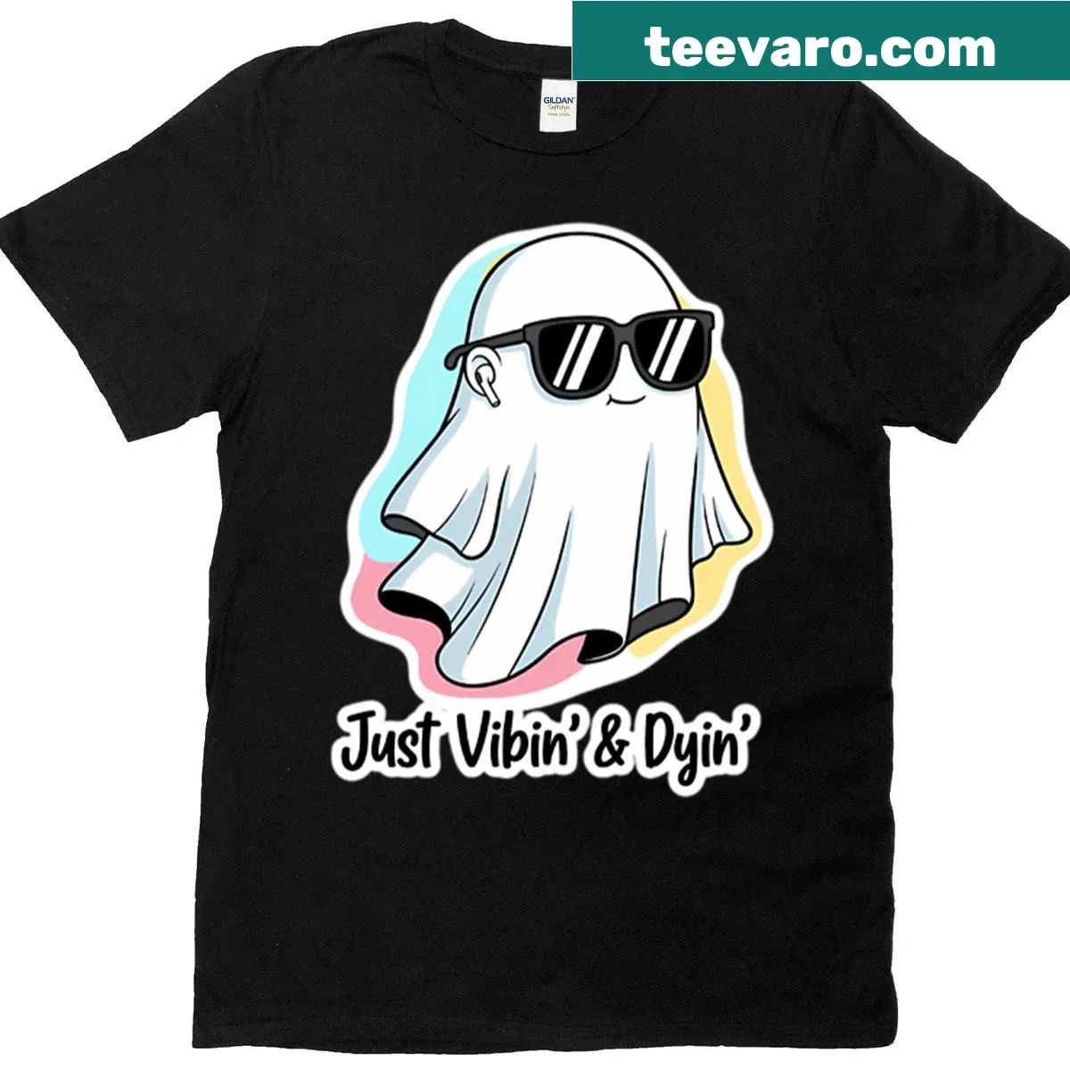 Cartoon ghost vibing graphic T-shirt. — on a men's t-shirt