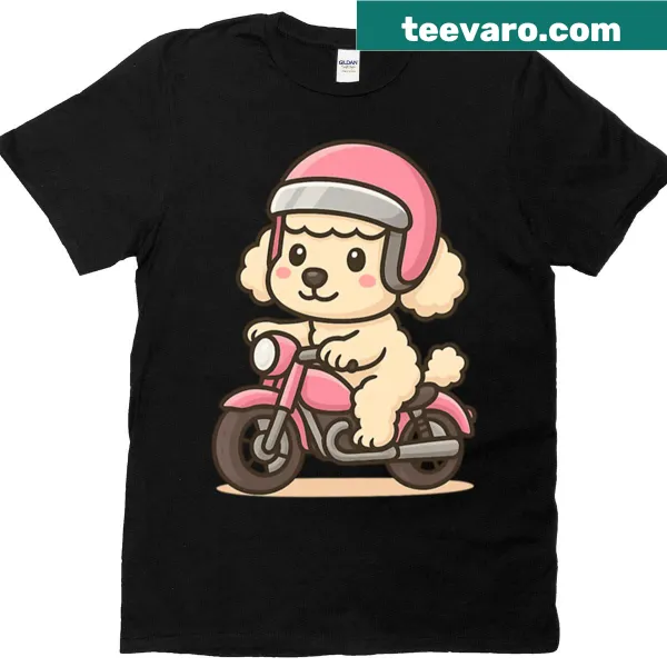 Cute t-shirt with kawaii poodle illustration riding a motorcycle