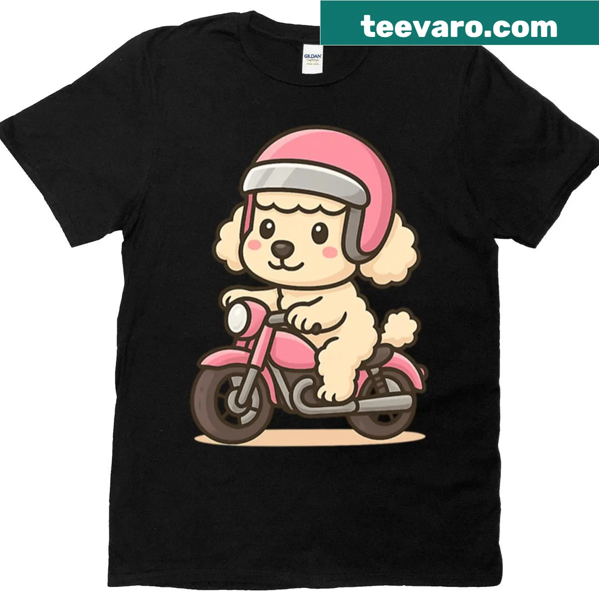 Cute t-shirt with kawaii poodle illustration riding a motorcycle — on a men's t-shirt