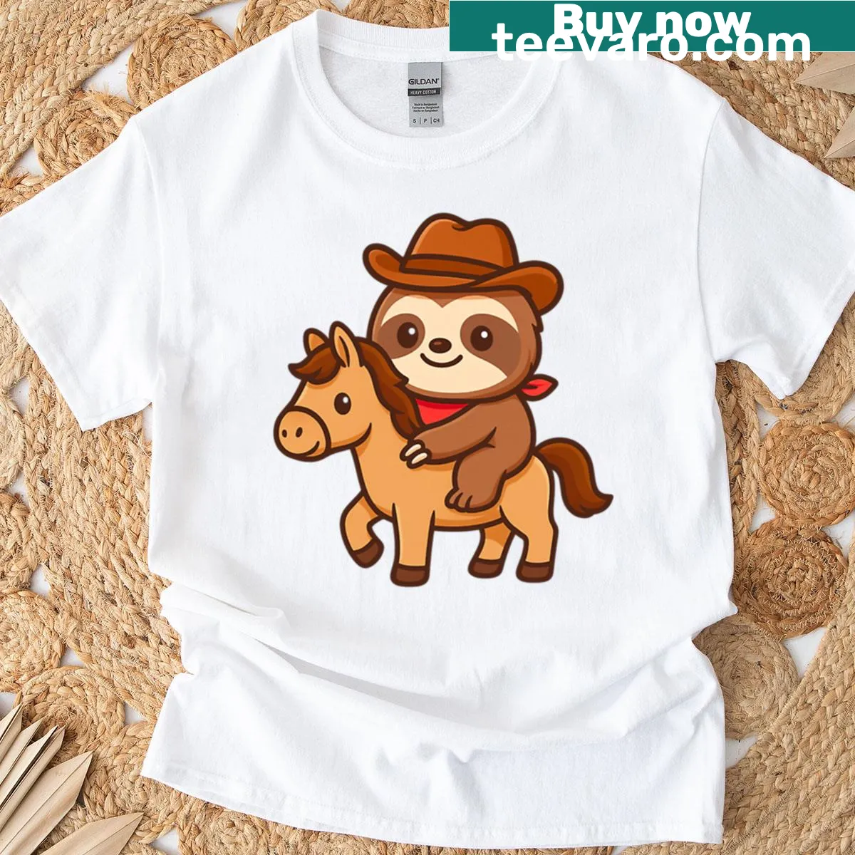 Oversized t-shirt featuring a cute cartoon sloth riding a horse. — on a men's t-shirt