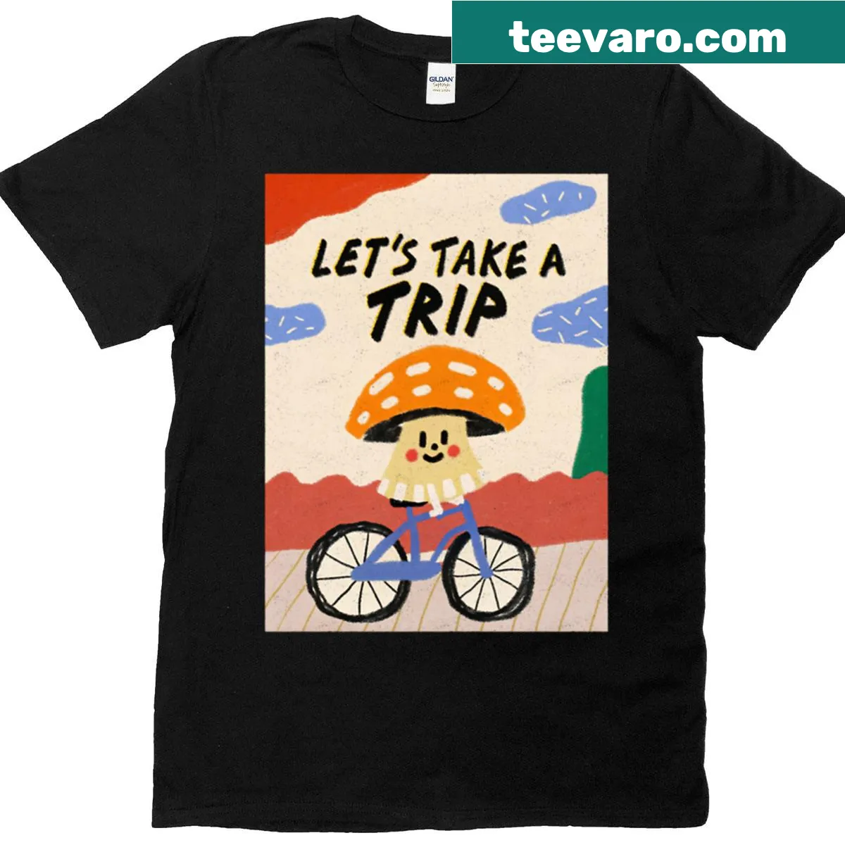 Cute mushroom illustration on a bike design T-shirt — on a men's t-shirt