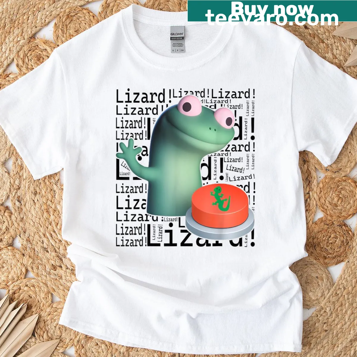 Playful t-shirt with 'Lizard Lizard Lizard' meme text in bold typography — on a men's t-shirt