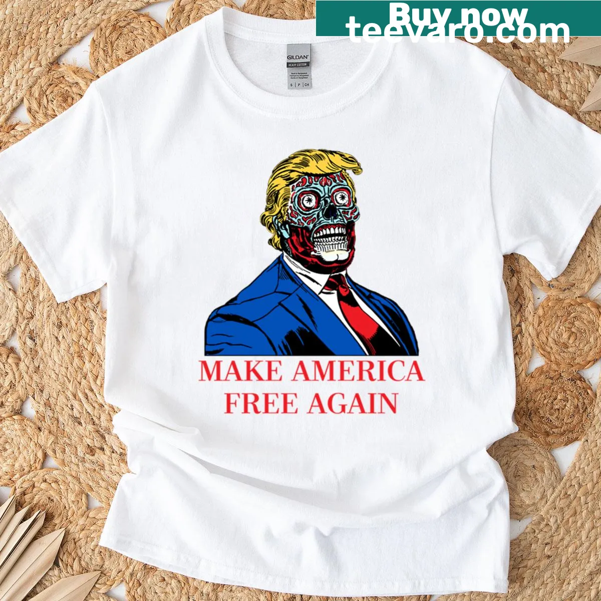 Oversized t-shirt with bold 'Make America Free Again' text — on a men's t-shirt