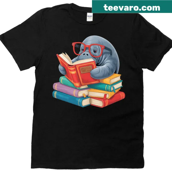 Manatee reading books illustration on a T-shirt