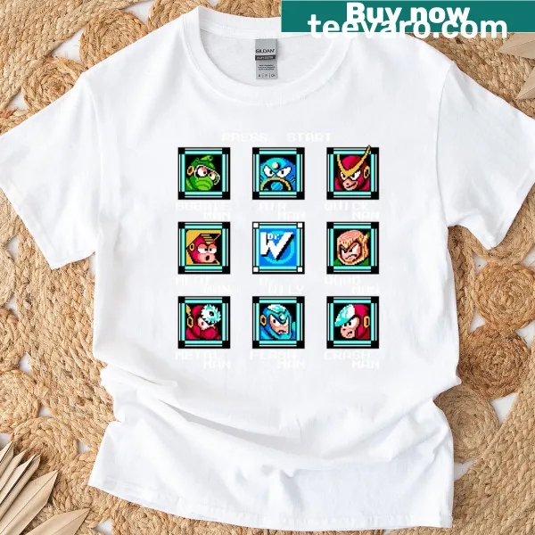 Retro Megaman 2 Stage Select graphic on a gaming T-shirt