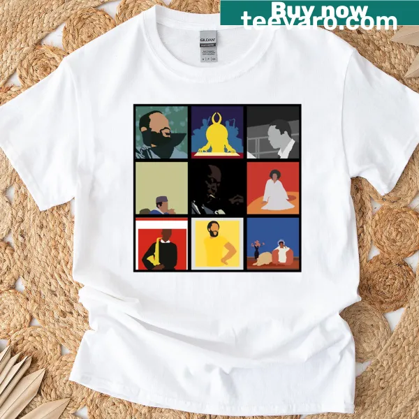 Oversized t-shirt with four iconic album covers on a black background