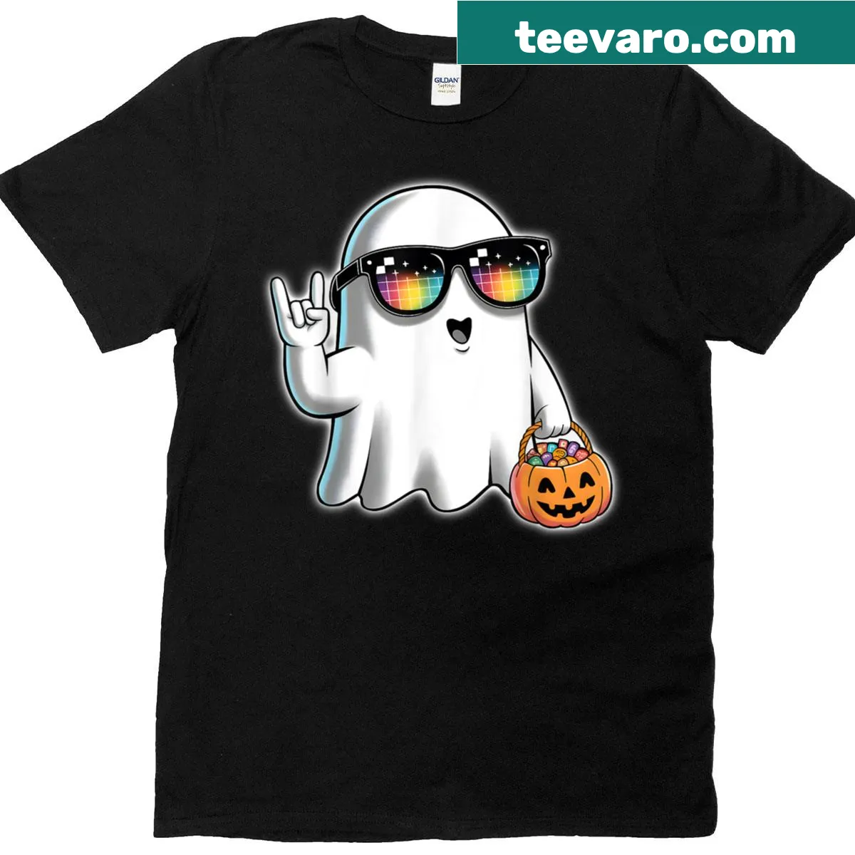Cute Halloween T-shirt with ghosts, pumpkins, and spooky designs — on a men's t-shirt
